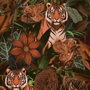 Fancy Jungle Opulence With Tigers  Burnt Sienna And Green Large Scale