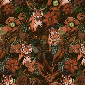 Fancy Jungle Opulence With Tigers  Burnt Sienna And Green Medium Scale
