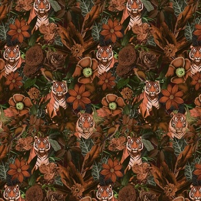 Fancy Jungle Opulence With Tigers  Burnt Sienna And Green Smaller Scale