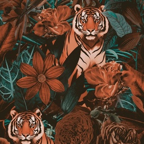 Fancy Jungle Opulence With Tigers Burnt Sienna And Teal Large Scale