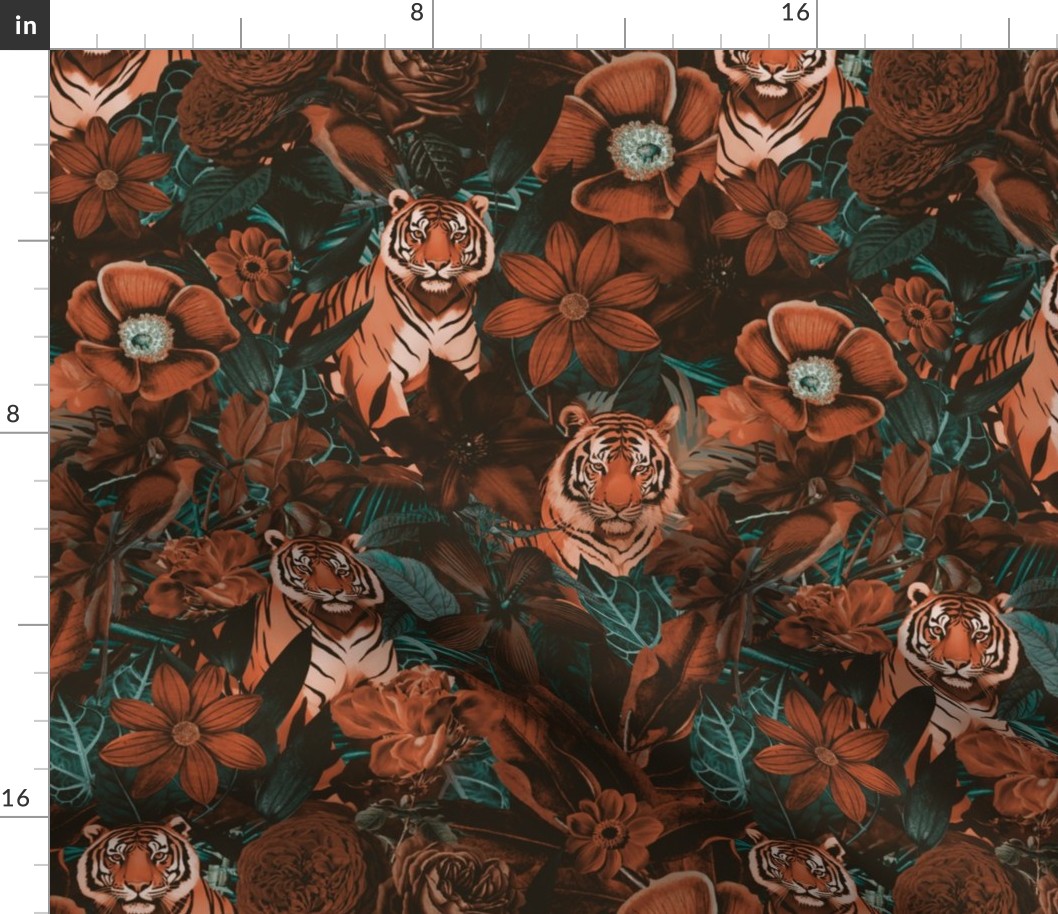 Fancy Jungle Opulence With Tigers Burnt Sienna And Teal Medium Scale
