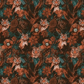 Fancy Jungle Opulence With Tigers Burnt Sienna And Teal Smaller Scale