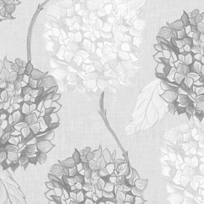 Layered Hydrangea flowers climbing in soft monochromatic neutral charcoal rococo