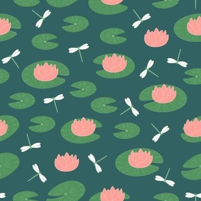 Lily pads and dragonflys on the lake botanical  pattern