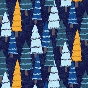 Cobalt Blue, Navy Blue And Yellow Pine Trees