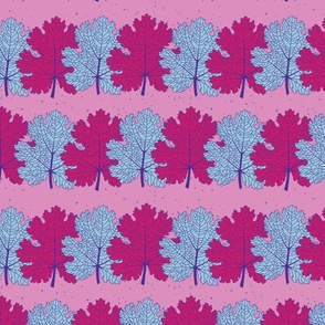 Medium Scale Plume Poppy Leaves in bright pink and blue on a textured background