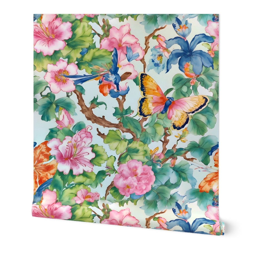 Chinoiserie flowers, branches and butterflies on pale blue