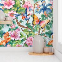 Chinoiserie flowers, branches and butterflies on pale blue