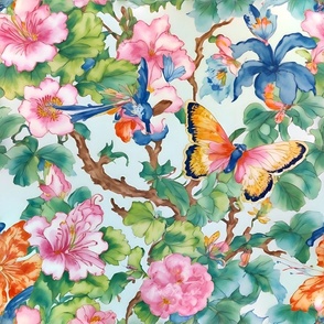 Chinoiserie flowers, branches and butterflies on pale blue