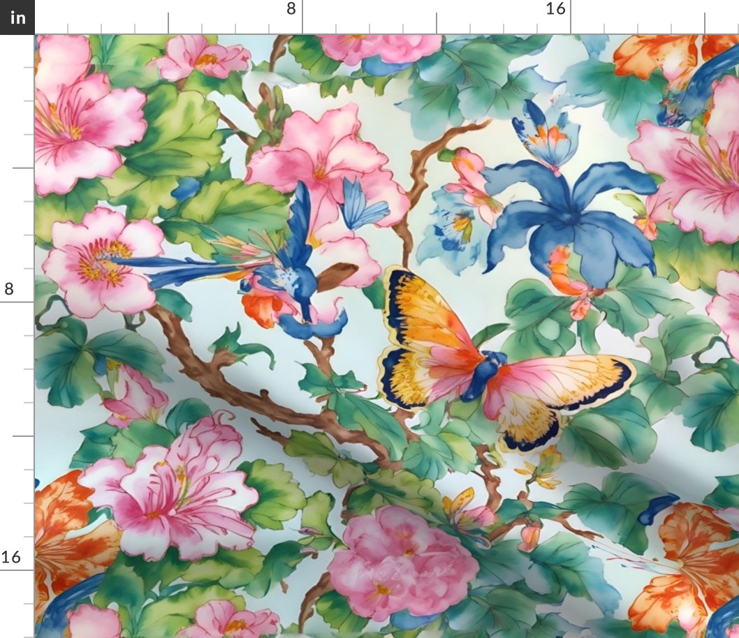 Chinoiserie flowers, branches and butterflies on pale blue