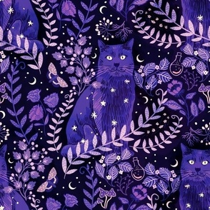 [L] Celestial Cat in Lunar Witch’s Garden - Whimsigothic Halloween - Deep Purple on Black