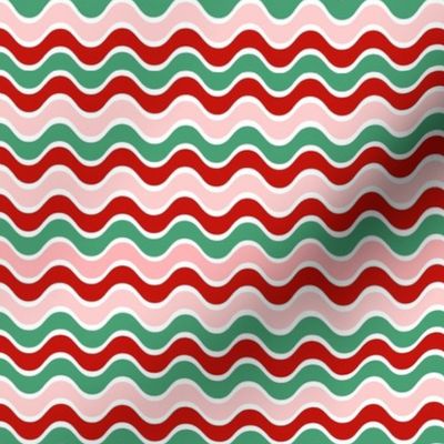 Medium Scale Wavy Christmas Stripes in Red Pink Green