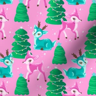 Pastel Retro Vintage Christmas Reindeer on Pink