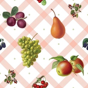 Summer fruit on coral on white plaid