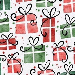 xmas gift - watercolor red and green gift box - christmas wallpaper and fabric