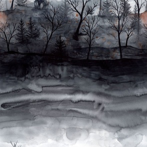 Halloween Landscape, Horror, Nightmare, Watercolor