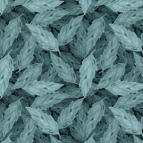 drawing of stacked leaves in turquoise colors