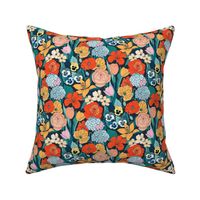 Posy Party - orange on dark teal, small 