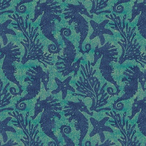 Seahorses, starfish & seaweed | navy blue on teal green wavy linen texture block print style | large