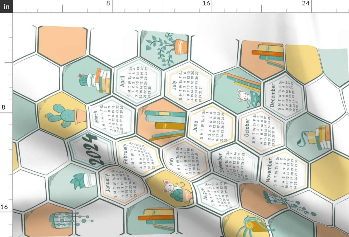 Succulents and Hexagons 2024 Tea Towel Calendar © 2023