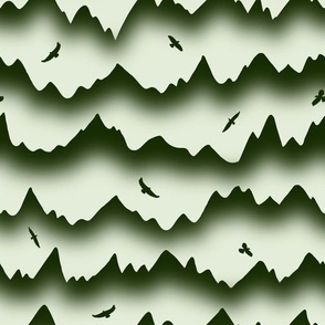 Green misty mountains and birds