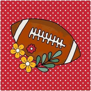 18x18 Panel Team Spirit Football and Flowers in Kansas City Chiefs Colors Red and Yellow Gold for DIY Throw Pillow Cushion Cover or Tote Bag