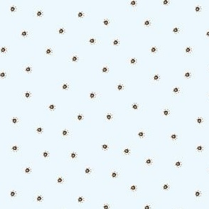 Medium Scale. Dot Flowers in Dark Brown and Tan on light blue background. 