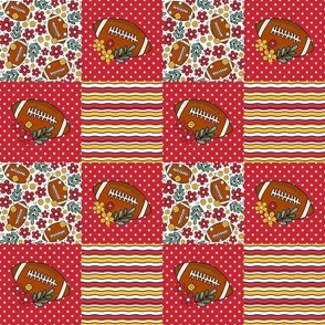 Smaller Patchwork 3" Squares Team Spirit Football Flowers Polkadots and Stipes in Kansas City Chiefs Colors Red and Yellow Gold for Cheater Quilt or Blanket