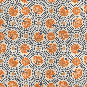 swirling fantasy floral-non directional-indigo and orange-small scale