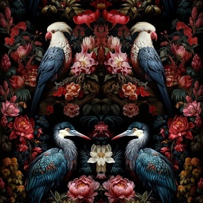 Maximalist Tropical Parrot Folk Blue Red Pink Woodland Hyacinth Macaw Birds Two Crane Heron Stork Moody