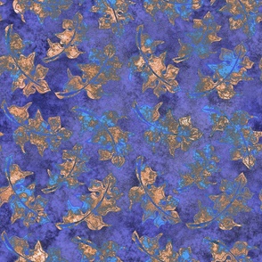 Golden oak leaves on a blue background with scuff marks