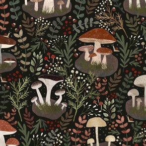 Autumn Forest Finds - Fall Fungi and Mushrooms dark green L