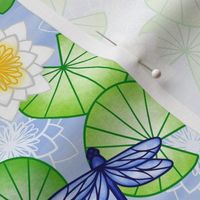 Lily Ponds & Dragonflies - MEDIUM - Multicolour Watercolour Blue & Green