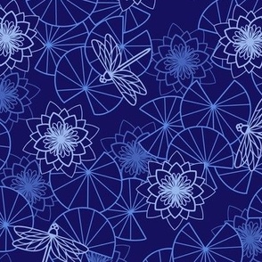 M - Blue lily pond & Dragonflies - navy calm floral water lilies