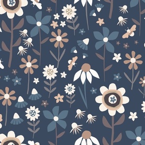Rustic Cottage Core Wildflower Meadow on Navy Blue (Large)
