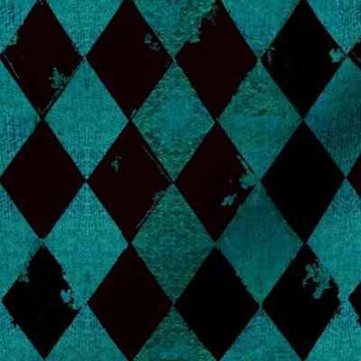 Harlequin Velvet Grunge Black and Teal (2.67 inch rustic diamonds) Distressed Look