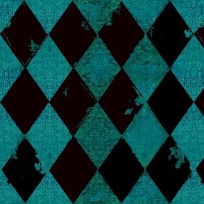 Harlequin Velvet Grunge Black and Teal (2.67 inch rustic diamonds) Distressed Look