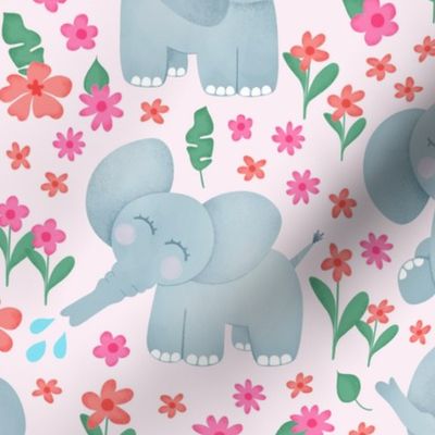 Cute Baby Elephants Flowers Pink Nursery