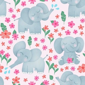 Cute Baby Elephants Flowers Pink Nursery