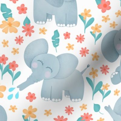 Cute Baby Elephants Flowers Kids Nursery