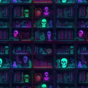 Small Spooky Photo-realistic Dark Academia Bookshelves in Bright Neons with Glowing Skulls