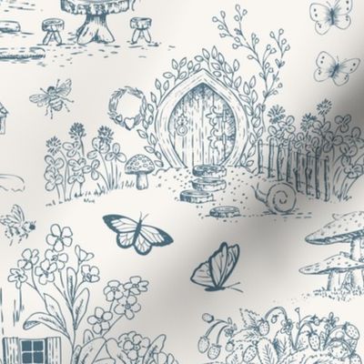 Fairy Woodland Toile - Blue and Ivory