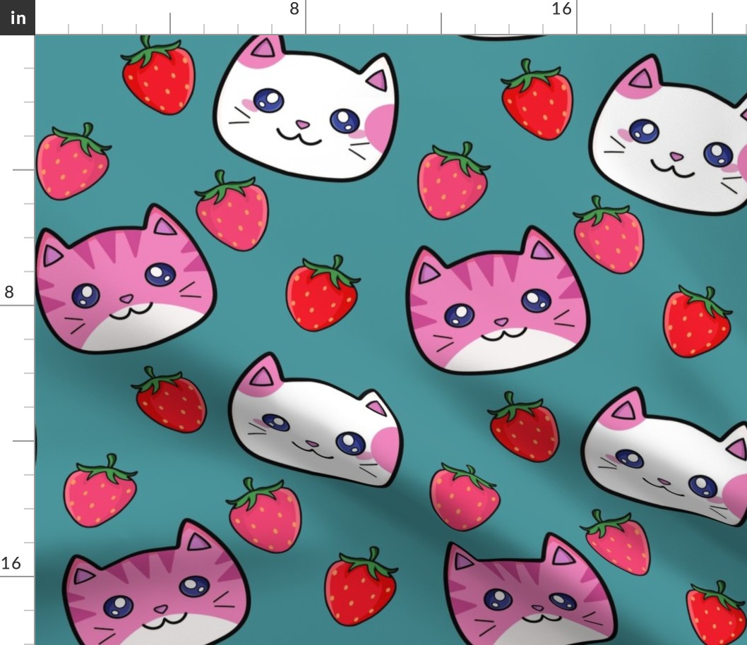Cute Pink Strawberry Cats, Home Decor, Kids, or Cat Mom Gift On Teal
