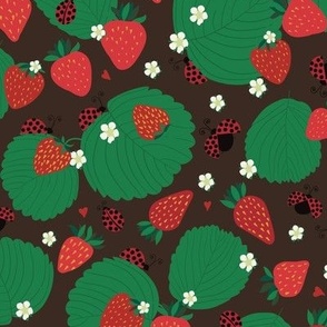 Strawberry Fields with Ladybugs / Ladybirds - on brown