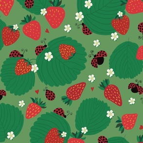 Strawberry Fields with Lady Bugs - Green