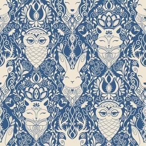 Animals in the forest blue and cream - home decor - bedding - wallpaper - curtains - fall - vintage - classic 