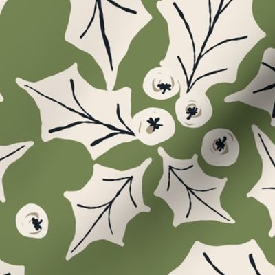 547 - Large scale olive leaf green and off white Christmas holly and berries_ for festive table settings_ kids apparel_ baby's first Christmas_ xmas decor_ patchwork and quilting-06-06-06