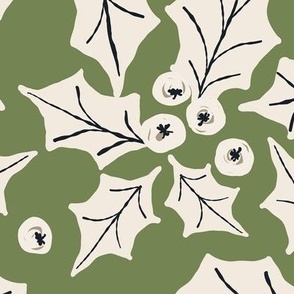 547 - Large scale olive leaf green and off white Christmas holly and berries_ for festive table settings_ kids apparel_ baby's first Christmas_ xmas decor_ patchwork and quilting-06-06-06