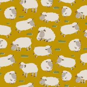 retro farm animal sheep grass kids mustard large scale