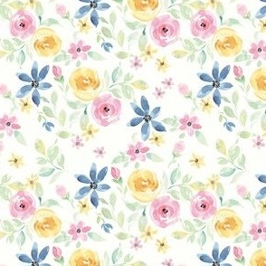 Hand painted watercolor flowers in pink blue yellow, baby girl, cute florals